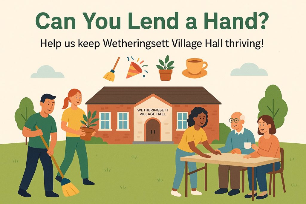 Lots of people helping out in front of a Village Hall 