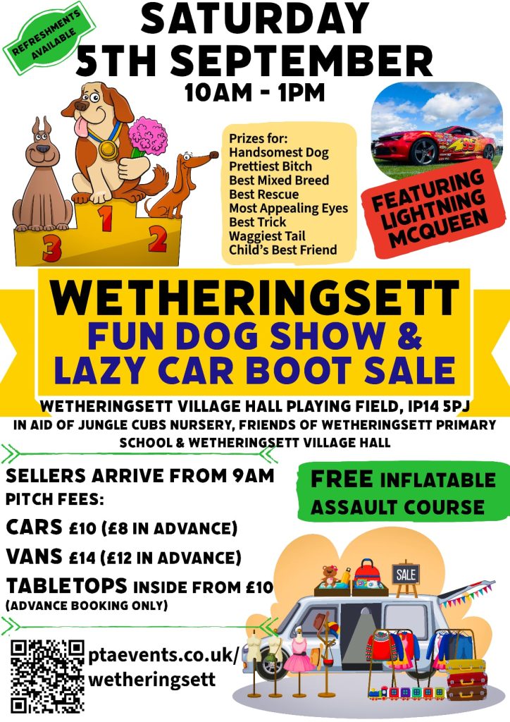 A colourful poster to advertise the Fun Dog Show & Lazy Car Boot sale